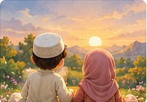 Two children looking at a peaceful sunset